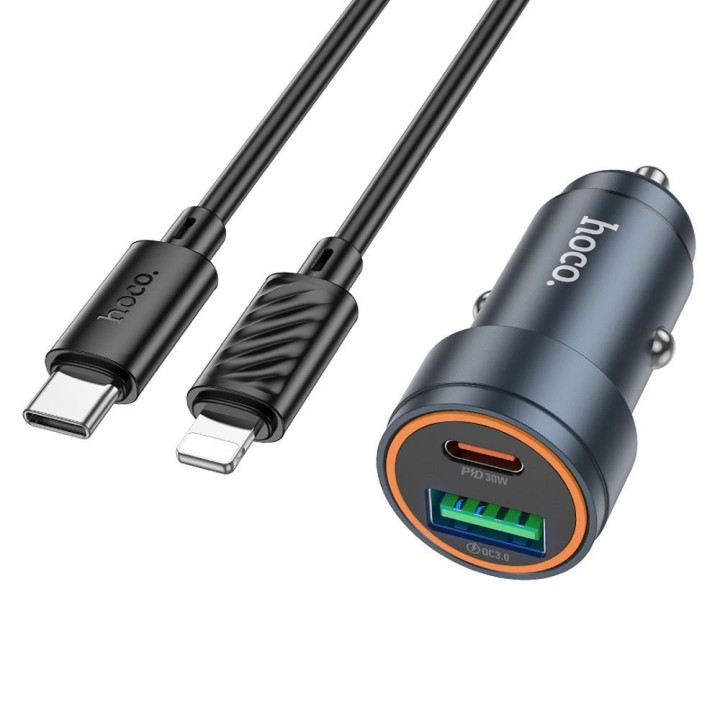 Ładowarka samochodowa Hoco USB A + USB C QC3.0 PD 30W + kabel USB C do Lightning Z57A czarna