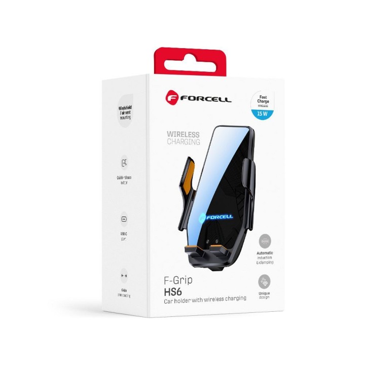 Phone holder for car wireless Forcell F-Grip HS6 15W for windscreen / air vent black