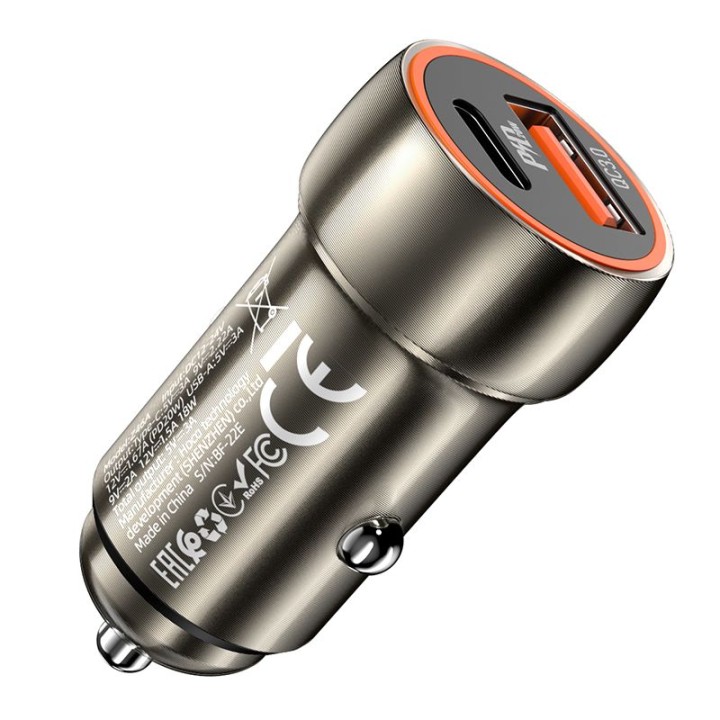 Ładowarka samochodowa Hoco USB A + USB C QC3.0 PD 20W Z46A szary