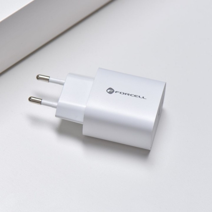 Wall charger for phone Forcell F-Energy USB C + USB A QC4.0 PD 3A 30W TFK-TC-30WPD white