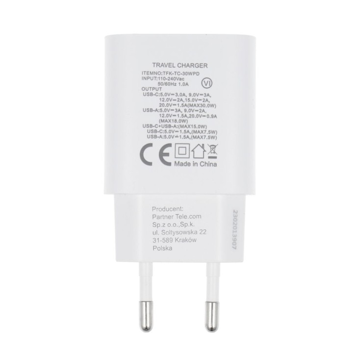 Сетевое зарядное устройство для телефона Forcell F-Energy USB C + USB A QC4.0 PD 3A 30W TFK-TC-30WPD белое