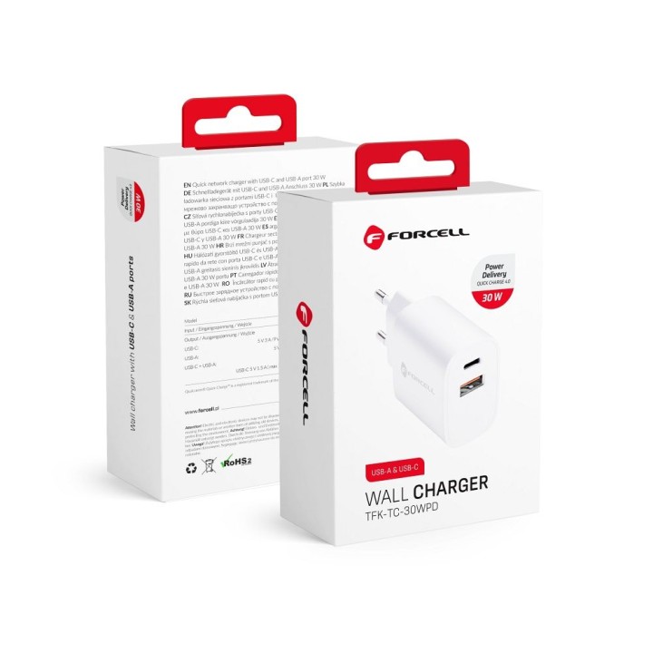 Сетевое зарядное устройство для телефона Forcell F-Energy USB C + USB A QC4.0 PD 3A 30W TFK-TC-30WPD белое