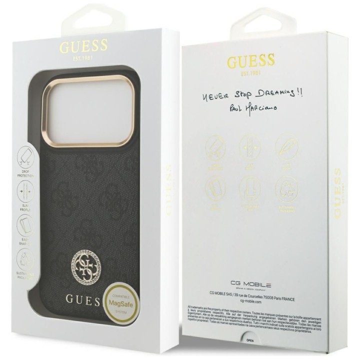 GUESS case for IPHONE 17 Pro compatible with MagSafe GUHMP17LP4GRMDEK (PU W/ 4G Strass Logo) black