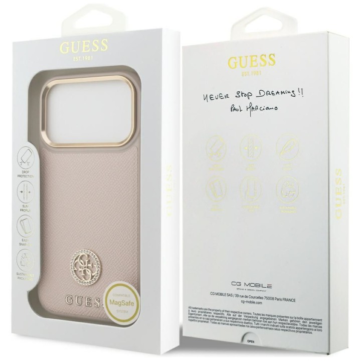 GUESS case for IPHONE 17 Pro compatible with Magsafe GUHMP17LPGCRMDEP (PU W/ Grained Strass Logo) pink