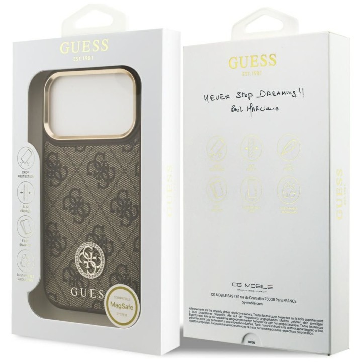 GUESS case for IPHONE 17 Pro compatible with MagSafe GUHMP17LP4GRMDEW (PU W/ 4G Strass Logo) brown