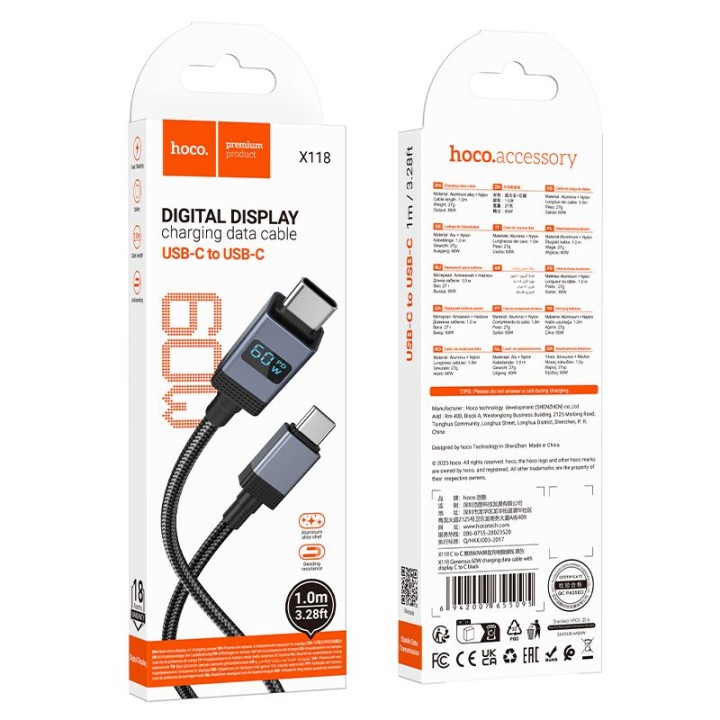 Кабель USB-C – USB-C Hoco 3A 60W з дисплеєм 1 m X118 чорний