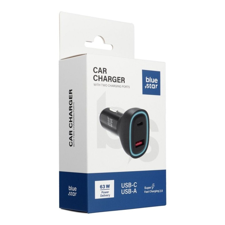 Ładowarka samochodowa Blue Star USB C + USB A QC3.0 PD AFC PPS SFC2.0 3A 63W czarna