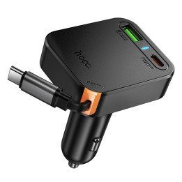 Car charger Hoco with retractable cable 2 x USB C + USB A QC PD 65W NZ18 black