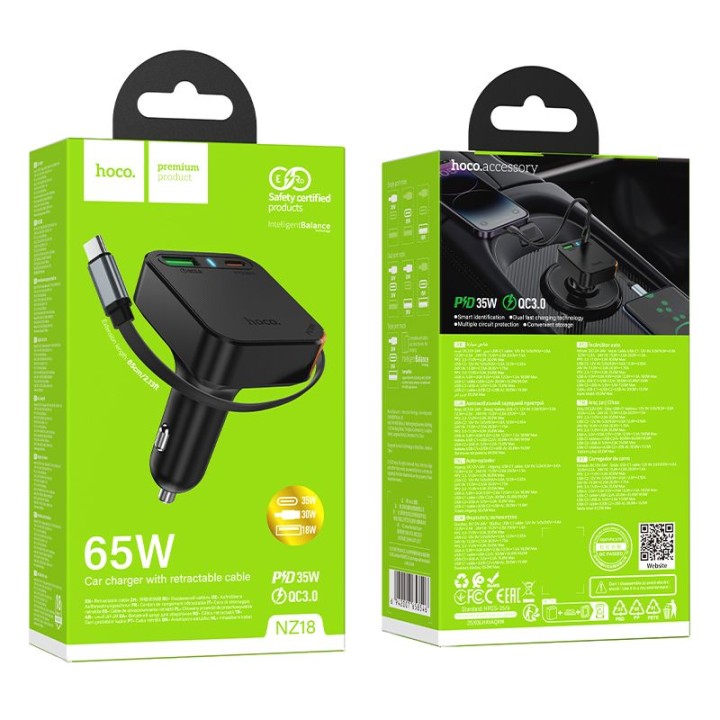 Автомобільний зарядний пристрій Hoco зі змотуваним кабелем 2 x USB C + USB A QC PD 65W NZ18 чорний