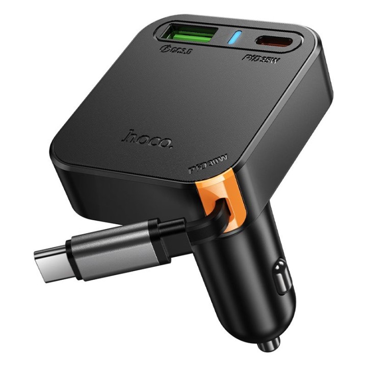 Car charger Hoco with retractable cable 2 x USB C + USB A QC PD 65W NZ18 black