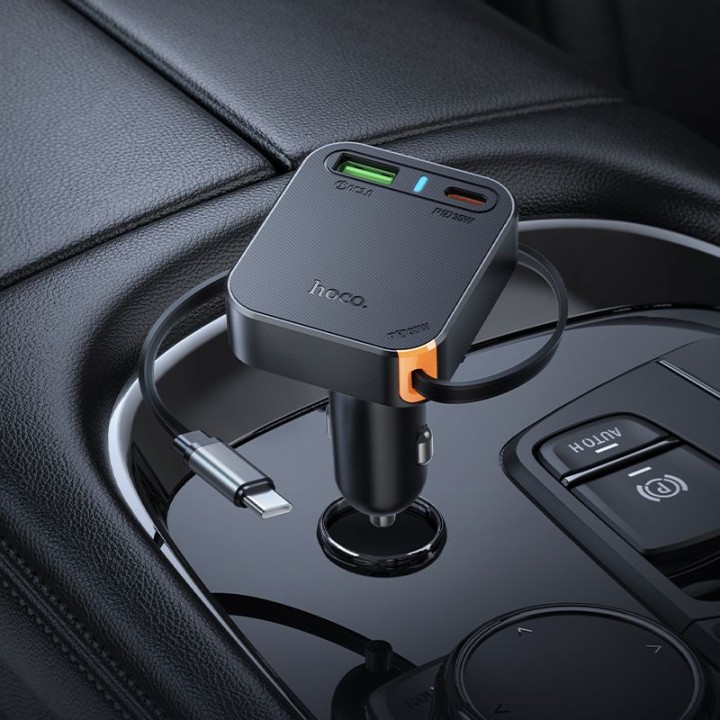 Car charger Hoco with zwijanym cable 2 x USB C + USB A QC PD 65W NZ18 black