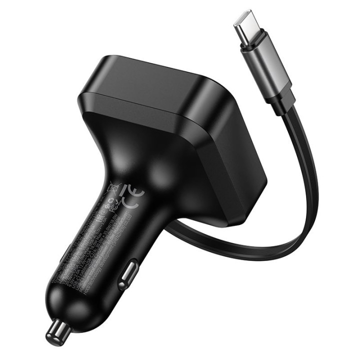 Car charger Hoco with retractable cable 2 x USB C + USB A QC PD 65W NZ18 black