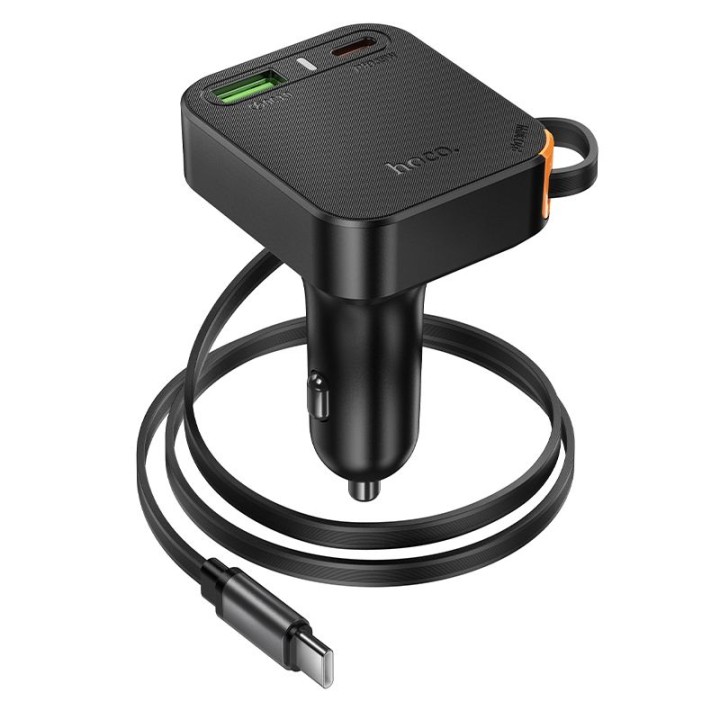 Car charger Hoco with retractable cable 2 x USB C + USB A QC PD 65W NZ18 black
