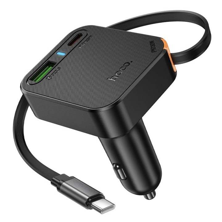 Автомобильное зарядное устройство Hoco со сматываемым кабелем 2 x USB C + USB A QC PD 65W NZ18 черное