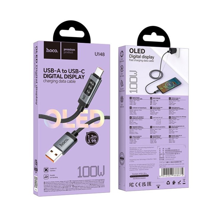 USB-A to USB-C cable Hoco PD 6A 100W 1,2m with display U148 black