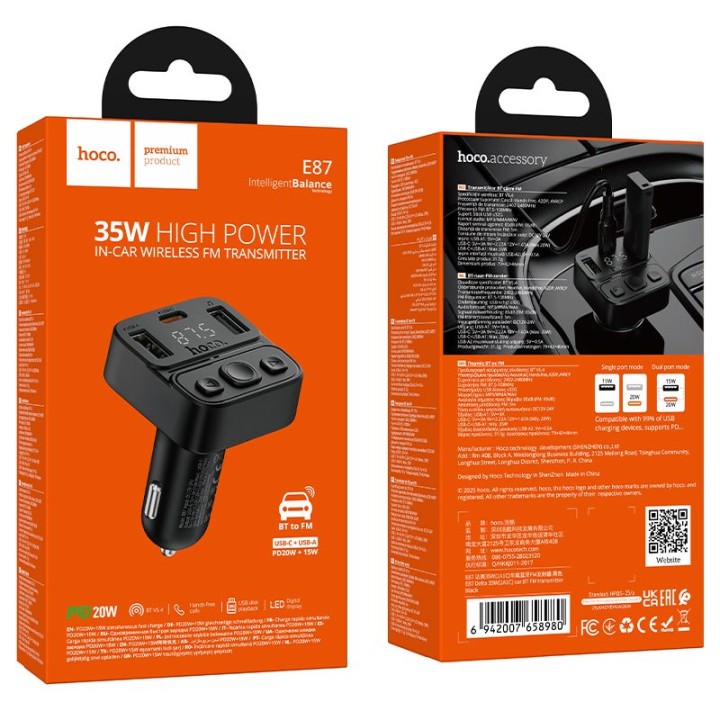 Автомобільний трансмітер bluetooth Hoco USB A + USB C QC PD 35W E87 чорний