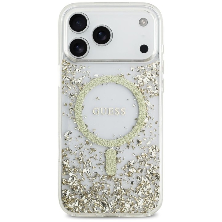 GUESS чехол для IPHONE 17 Pro Max совместимый с MagSafe GUHMP17XRGRGED (Resin Bottom Glitter) золотой