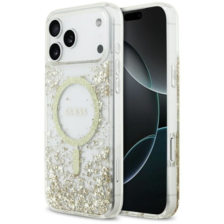 GUESS чехол для IPHONE 17 Pro Max совместимый с MagSafe GUHMP17XRGRGED (Resin Bottom Glitter) золотой