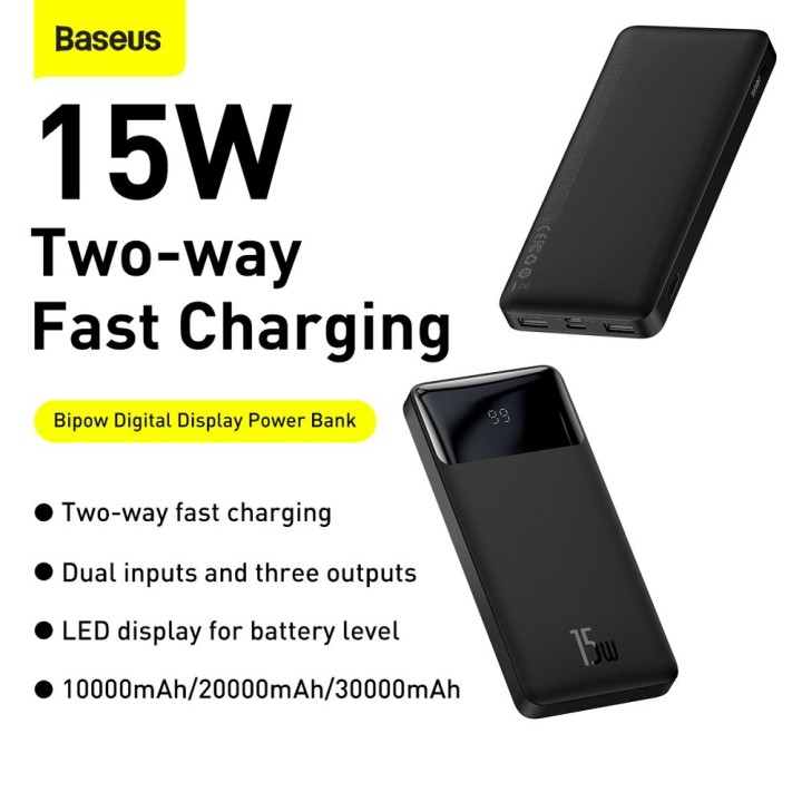 Акумулятор зовнішня (Повербанк) BASEUS Bipow Overseas Edition - 10 000mAh LCD Quick Charge PD 15W з кабелем USB для Micro