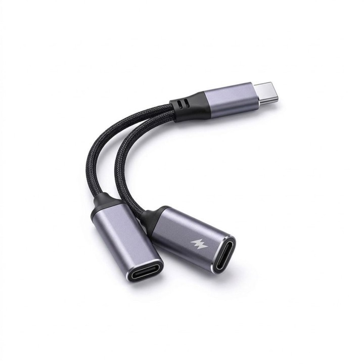 Адаптер AUX 2 в 1 USB C [штекер (male)] на USB C [гніздо (female)] / USB C [гніздо (female)] Blue Star чорний [DAC] - заряджання