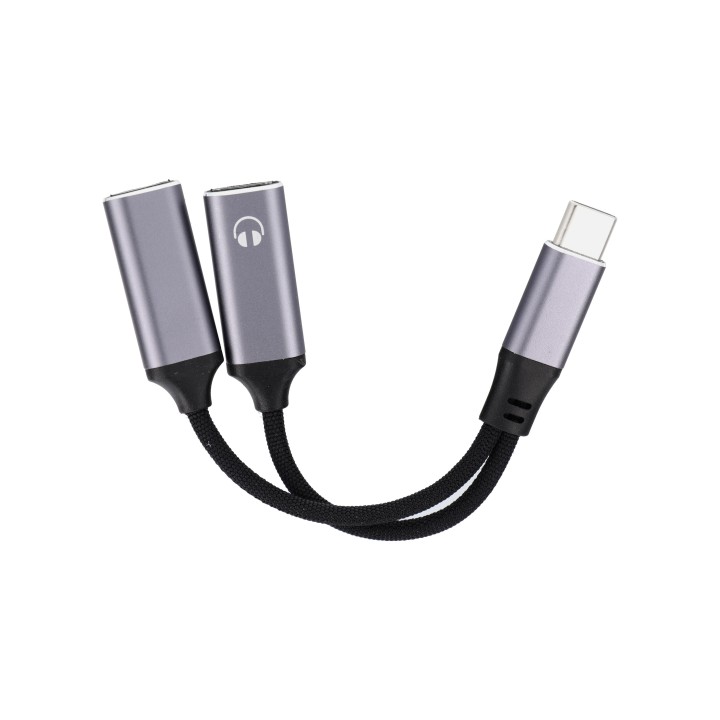 Adapter AUX 2w1 USB C (męski) do USB C (żeński) / USB C (żeński) Blue Star czarny [DAC] - ładowanie do 25W