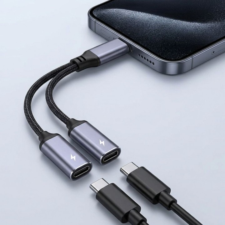 AUX adapter 2-in-1 USB C (male) to USB C (female) / USB C (female) Blue Star black [DAC] - charging up to 25W