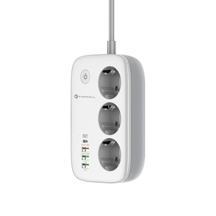 Power strip mains Forcell F-Energy 3 socket + USB C 30W + 3 x USB A QC3.0 PD + WiFi Tuya, SmartLife 10A 2500W VT-PS03 white 0INT