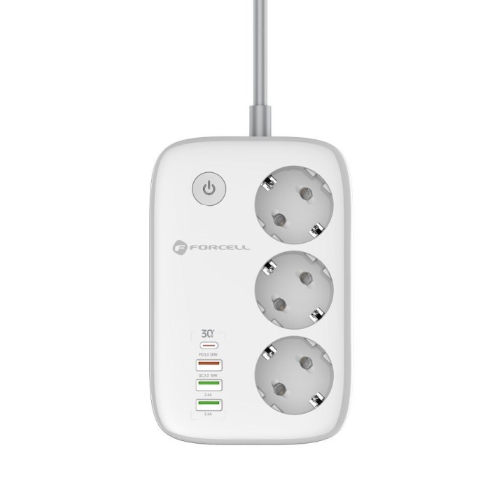 Power strip mains Forcell F-Energy 3 socket + USB C 30W + 3 x USB A QC3.0 PD + WiFi Tuya, SmartLife 10A 2500W VT-PS03 white 0INT