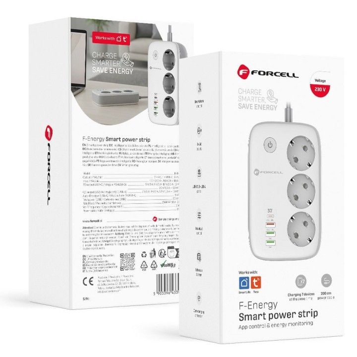 Power strip mains Forcell F-Energy 3 socket + USB C 30W + 3 x USB A QC3.0 PD + WiFi Tuya, SmartLife 10A 2500W VT-PS03 white 0INT