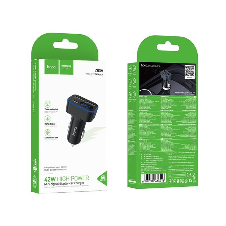 Автомобильное зарядное устройство Hoco с LCD 2x USB A + 1x USB C QC3.0 PD 42W Z63A черное