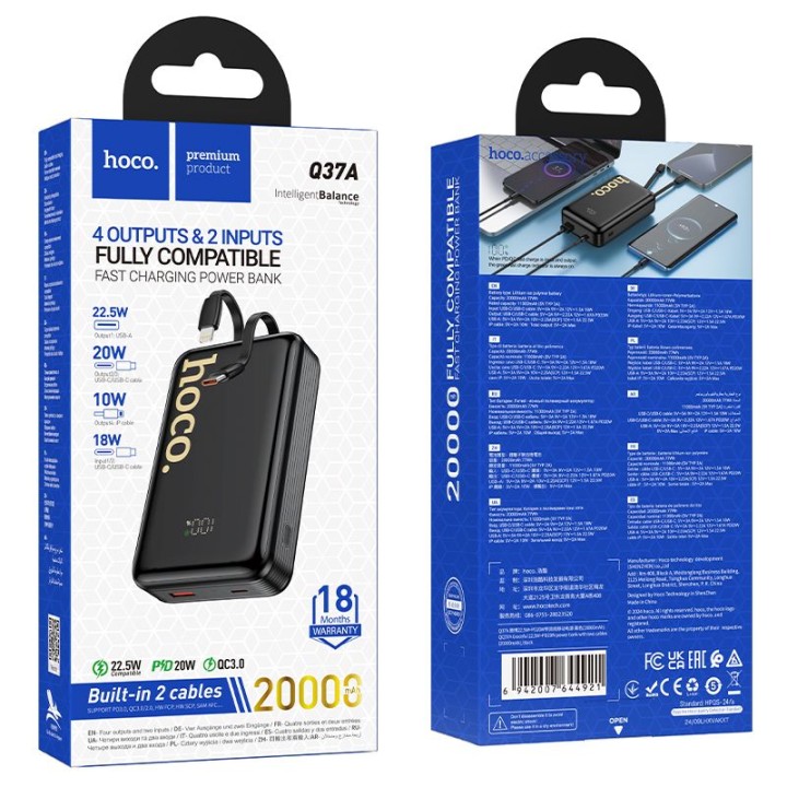Powerbank Hoco 20000 mAh QC PD 22,5W z wbudowanymi kablami USB C + Lightning Q37A czarny