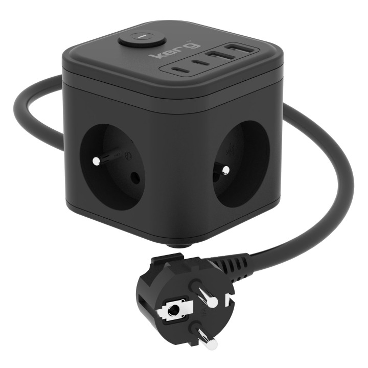 KERG Kostka zasilająca 3-gniazdowa + стекло зарядное устройство USB-A+USB-C 1,5m 3×1,5mm2 H05VV-F 16A/250V~ Smart черный