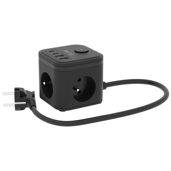 KERG Kostka zasilająca 3-gniazdowa + glass charger USB-A+USB-C 1,5m 3×1,5mm2 H05VV-F 16A/250V~ Smart black