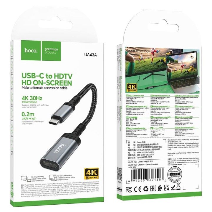Cable konwersji with USB C for HDMI female Hoco 4K 30Hz 0,2 m UA43A steel grey