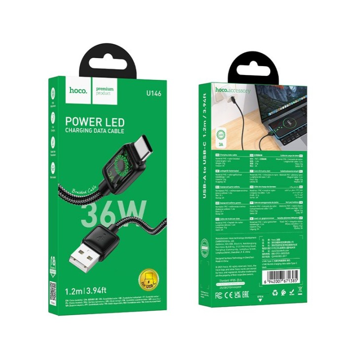 Cable USB A to USB C Hoco 3A 1,2 m with LCD U146 black