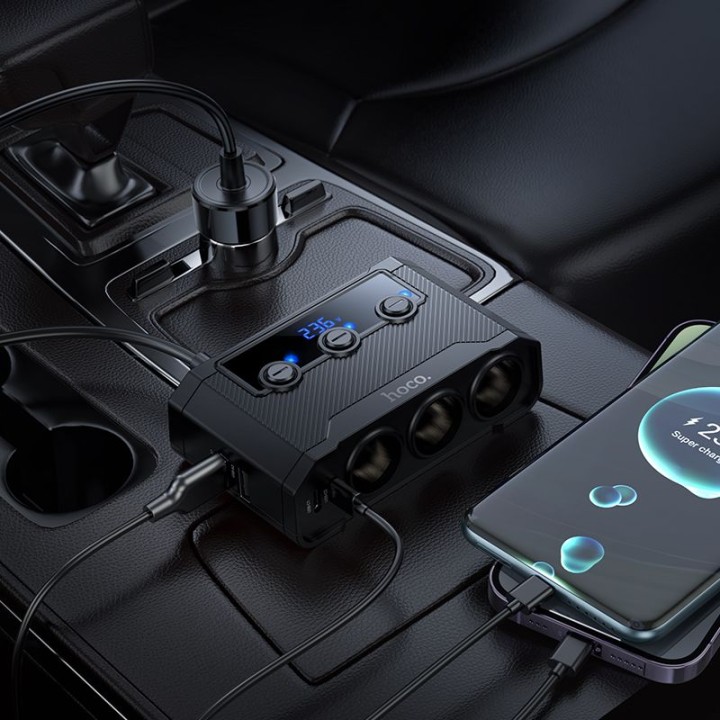 Автомобільний зарядний пристрій Hoco з розгалужувачем 2xUSB A + 2xUSB C + 3 гніздо прикурювача QC3.0 PD 240W Z64, чорний