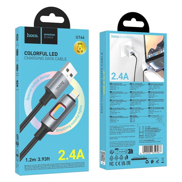 Кабель USB со светодиодами LED USB A – Lightning Hoco 2,4A 1,2 m U144 черный