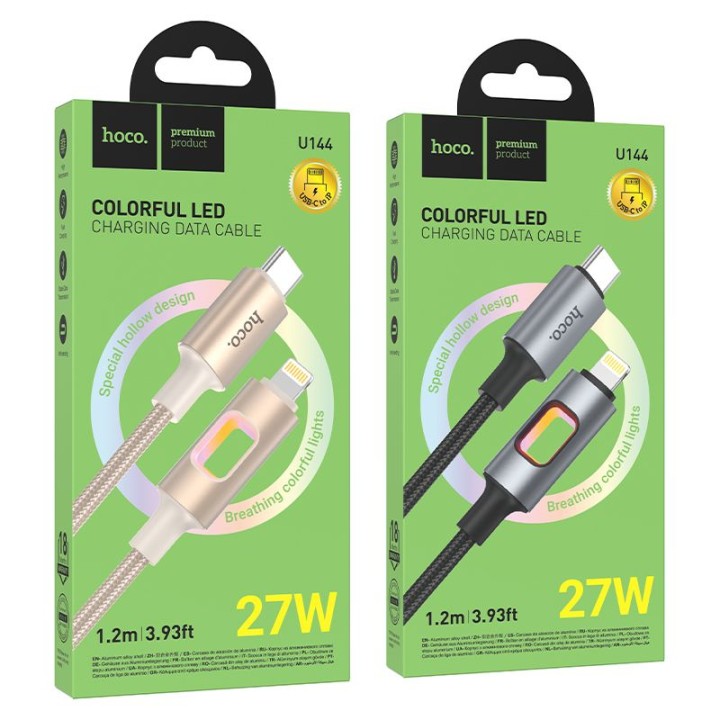 Кабель USB зі світлодіодами LED USB C – Lightning Hoco PD 27W 1,2 m U144 чорний
