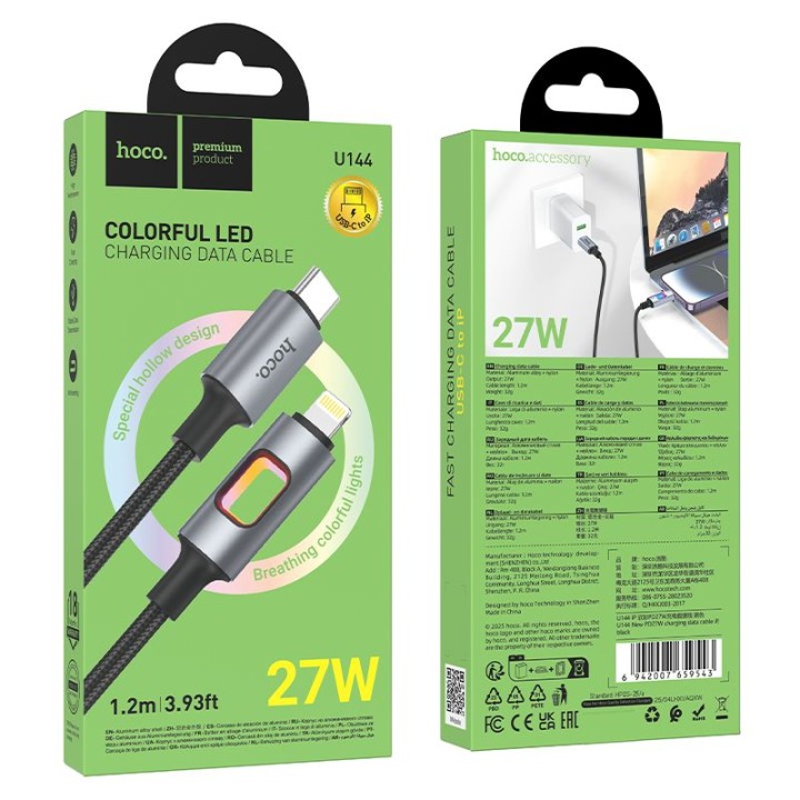 Cable USB with LED lights USB C to Lightning Hoco PD 27W 1,2 m U144 black