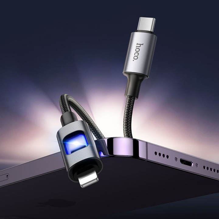Кабель USB зі світлодіодами LED USB C – Lightning Hoco PD 27W 1,2 m U144 чорний