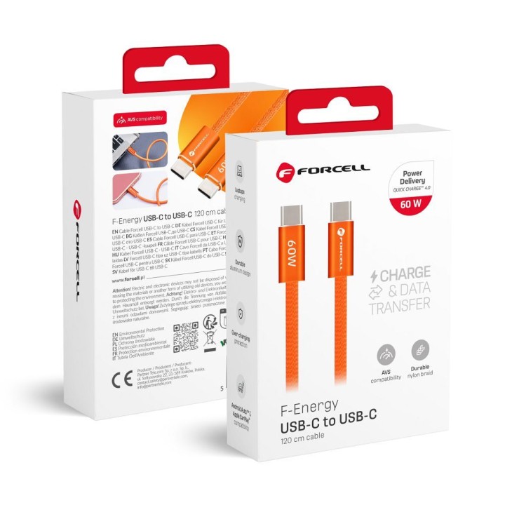 Кабель USB C — USB C Forcell F-Energy QC4.0 PD 3A 60W Cafule Color 1,2 m ACYH23 оранжевый