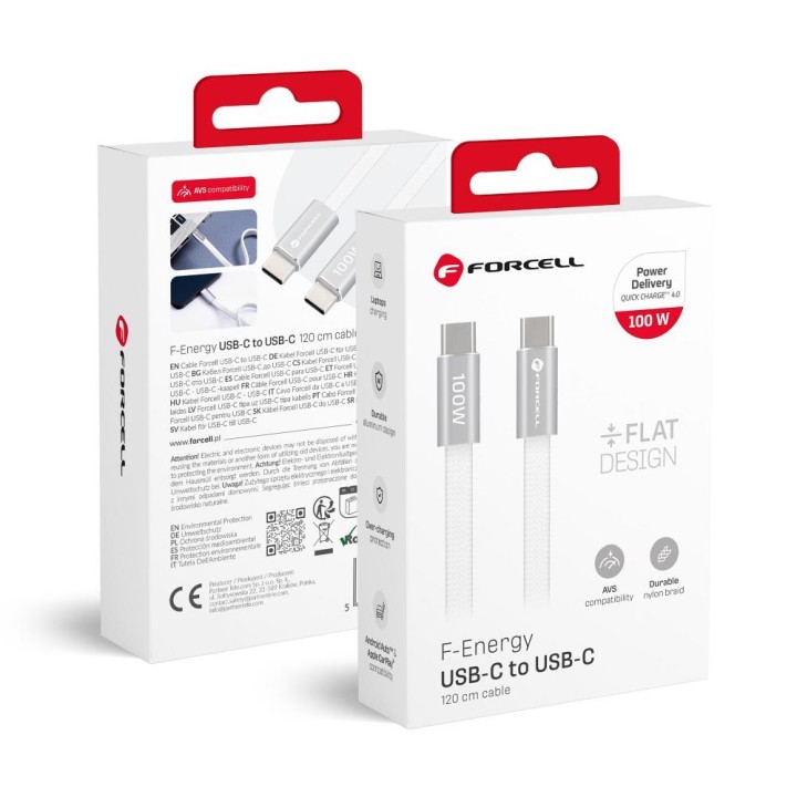 Кабель USB C — USB C Forcell F-Energy QC4.0 PD 5A 100W Cafule Flat 1,2 m CCFN23 білий