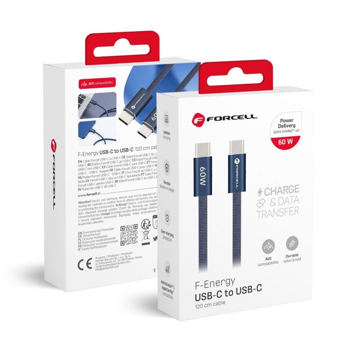 Cable USB C to USB C Forcell F-Energy QC4.0 PD 3A 60W Cafule Color 1,2 m ACYH23 navy blue