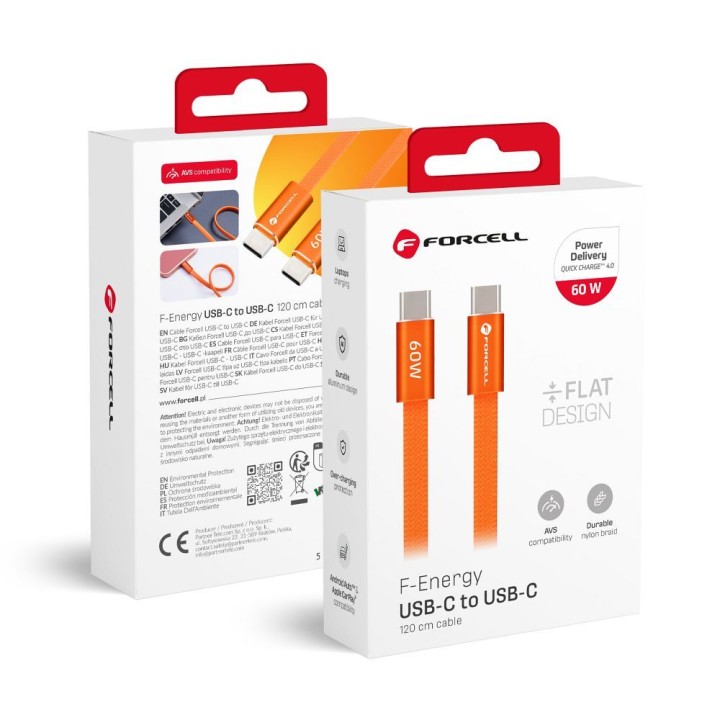 Кабель USB-C – USB-C Forcell F-Energy QC4.0 PD 3A 60W Cafule Flat 1,2 m CCFN23 оранжевый