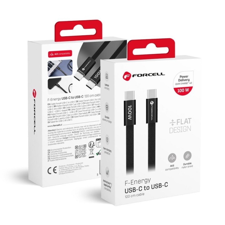 Кабель USB-C – USB-C Forcell F-Energy QC4.0 PD 5A 100W Cafule Flat 1,2 m CCFN23 чорний