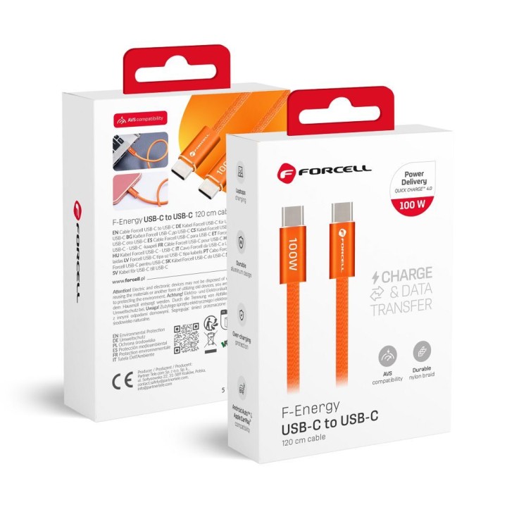 Кабель USB-C – USB-C Forcell F-Energy QC4.0 PD 5A 100W Cafule Flat 1,2 m CCFN23 помаранчевий