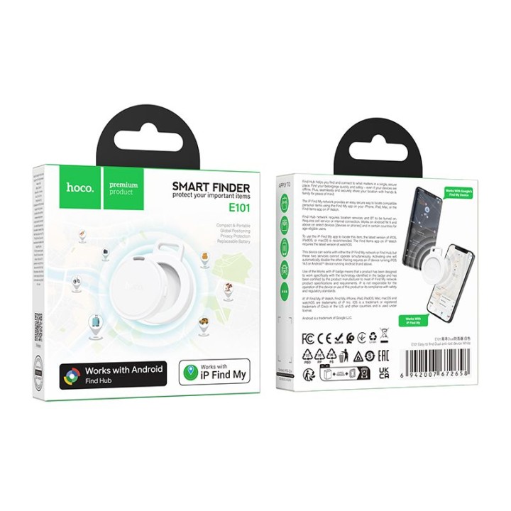 Трекер, совместимый с Apple Find My и Google Find My Device Hoco E101, белый