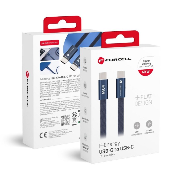 Cable USB C to USB C Forcell F-Energy QC4.0 PD 3A 60W Cafule Flat 1,2 m CCFN23 navy blue