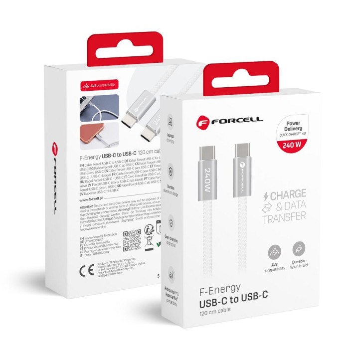 Кабель USB-C – USB-C Forcell F-Energy QC4.0 PD 5A 240W Cafule Flat 1,2 m CCFN23 белый