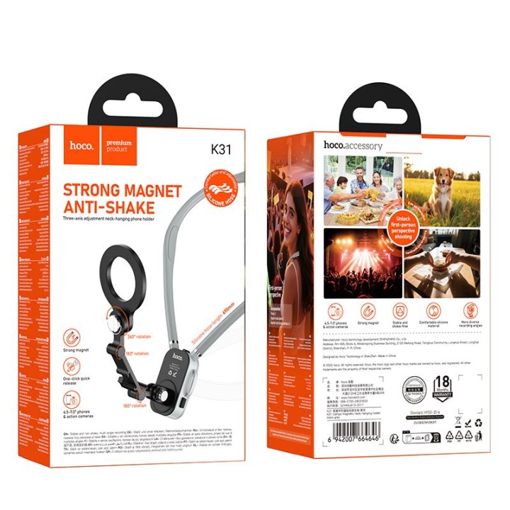 Magnetic neck phone holder Hoco K31 grey-black